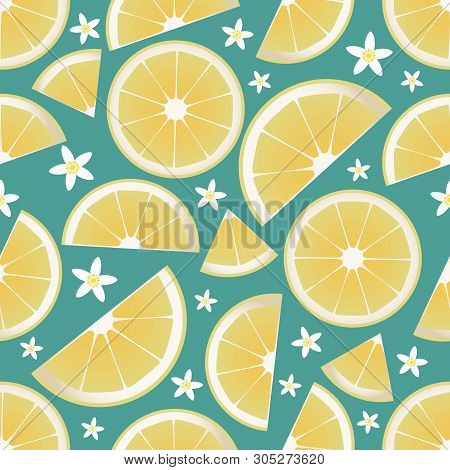 Seamless Pattern Of Lemon Slices And Orange Blossom Flowers