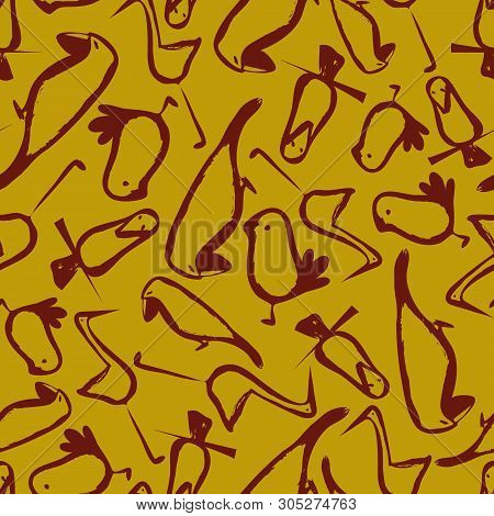 Seamless Vector Pattern With Birds Outline Doodles On Mustard Background. Surface Pattern Design.