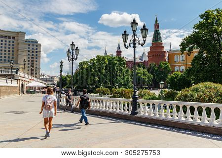 Moscow, Russia - June 02, 2019: View Of Aleksandrovskiy Garden And Moscow Kremlin From Manezhnaya Sq