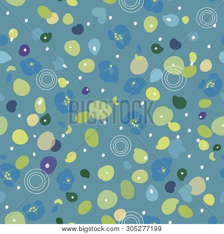 Blue Vector Repeat Pattern With Pond. Floral Design With Lotus Or Water Lily Leaf. Simple, Modern De