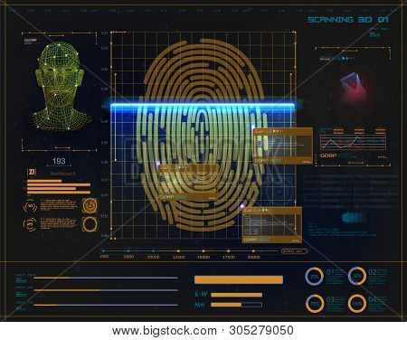 Concept Of Digital Security, Electronic Fingerprint On Scanning Screen. Face Recognition Concept. Bi