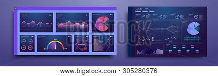 Infographic Dashboard. Dashboard Infographic Template With Modern Design With Blue Charts, Graphs An