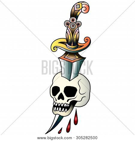Skull With Dagger On A White Background. Vector Illustration Old School Tattoo Line Art. Suitable Fo