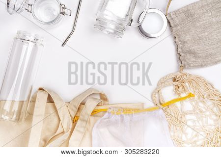 Use Less Plastic Concept. Eco Freindly, Zero Waste Background. Fabric Bags, Glass Jars, Metal Straws