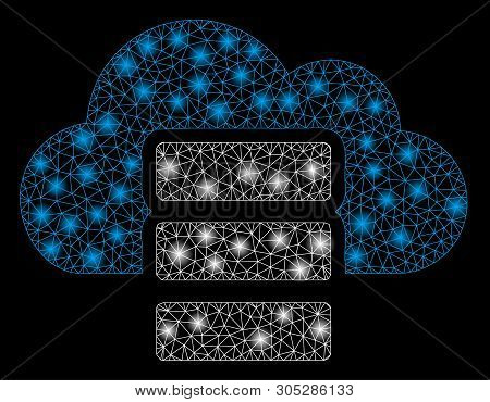 Bright Mesh Cloud Database With Glare Effect. Abstract Illuminated Model Of Cloud Database Icon. Shi