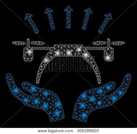 Bright Mesh Copter Startup With Glare Effect. Abstract Illuminated Model Of Copter Startup Icon. Shi