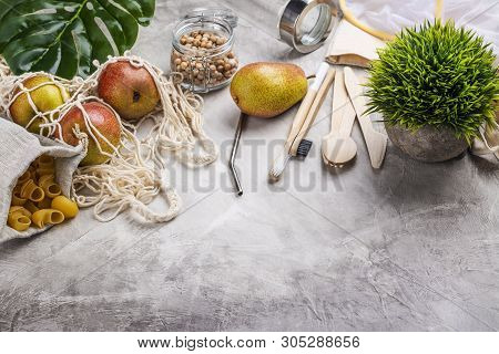 Use Less Plastic Concept. Eco Freindly, Zero Waste Background. Fabric Bags, Glass Jars, Metal Straws