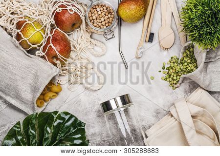 Use Less Plastic Concept. Eco Freindly, Zero Waste Background. Fabric Bags, Glass Jars, Metal Straws