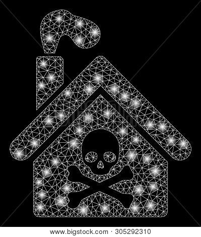 Bright Mesh Crematory Building With Lightspot Effect. Abstract Illuminated Model Of Crematory Buildi