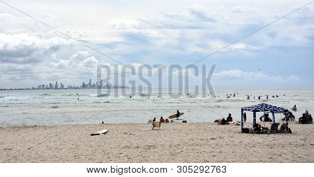 Currumbin, Australia - Apr 26, 2019. People Relaxing And Sunbathing At Currumbin Beach.  Gold Coast 
