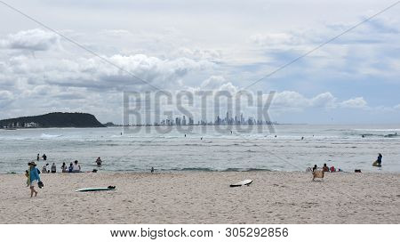 Currumbin, Australia - Apr 26, 2019. People Relaxing And Sunbathing At Currumbin Beach.  Gold Coast 