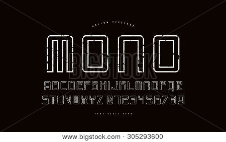 Hollow Monospaced Sans Serif Font In Cyber Style. Letters And Numbers With Vintage Texture For Sci-f