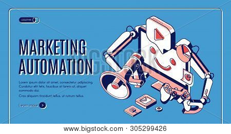 Marketing Automation Isometric Web Banner. Technology For Seo, Internet, Digital Business Content. C