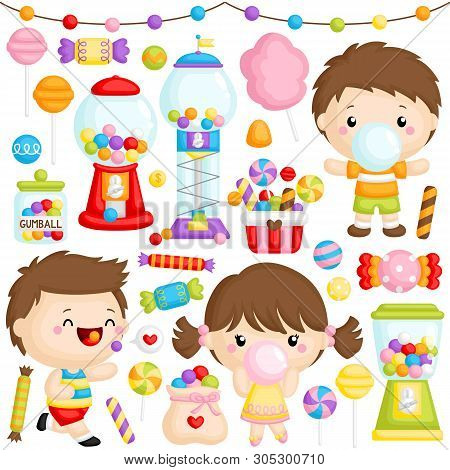 A Vector Set Of Cute Girl And Boy Chewing Bubblegum With Lots Of Bubblegum Machine