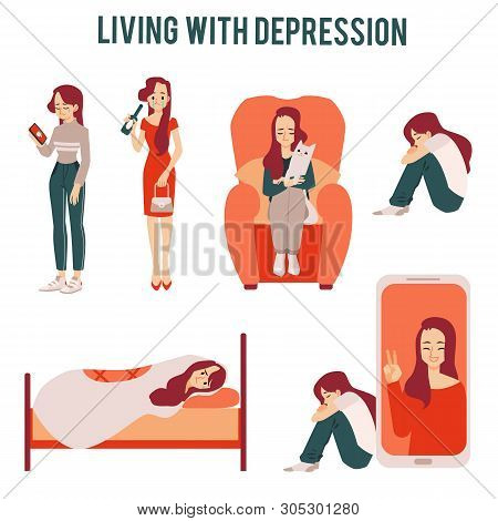 Set Of Lonely Unhappy Women Suffering From Depression Or Relationships Icons.