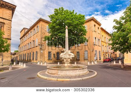 Fountain And Square Of Quatre-dauphins In The Heart Of The Mazarin District, Aix-en-provence, Proven
