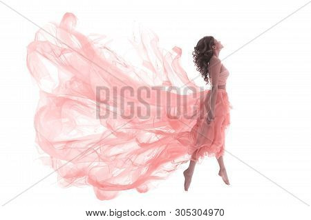 Woman In Fashion Pink Dress, Ballet Dancer Girl In Jump Flying In Dance Over White Background
