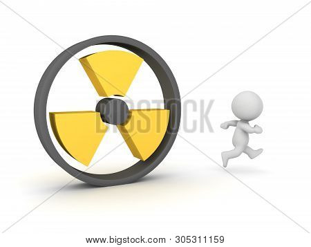 3D Character Running Away From Radioactive Sign