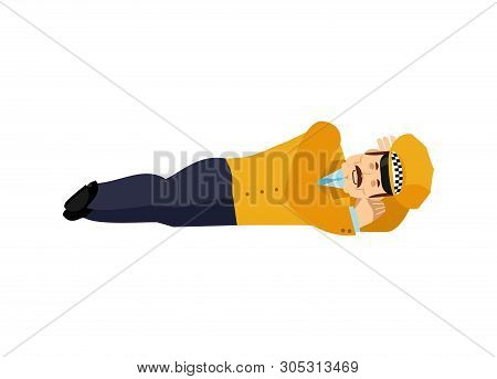 Taxi Driver Sleeping. Cabdriver Asleep Emotions. Cabbie Dormant. Vector Illustration