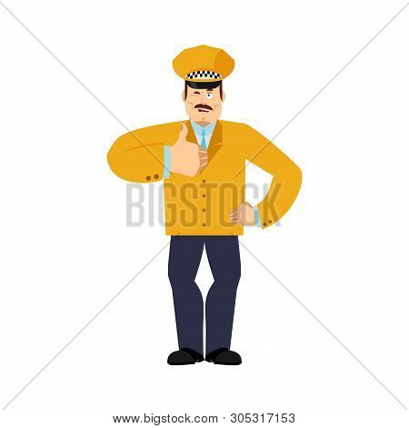 Taxi Driver Thumbs Up And Winks. Cabdriver Happy Emoji. Cabbie Vector Illustration
