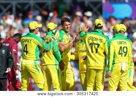 NOTTINGHAM, ENGLAND. 06 JUNE 2019: Pat Cummins of Australia celebrates taking the wicket of Shai Hope of West Indies  during the Australia against West Indies, ICC Cricket World Cup match