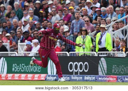 NOTTINGHAM, ENGLAND. 06 JUNE 2019: Sheldon Cottrell of West Indies takes a catch to dismiss Steve Smith of Australia during the Australia against West Indies, ICC Cricket World Cup match