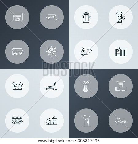 City Icons Line Style Set With Restaurant, Smart City, Fire Hydrant And Other Fireplug Elements. Iso