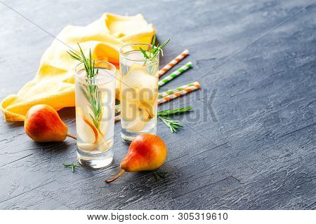 Summer Drinks, Rosemary Pear Cocktails With Ice N Glasses. Refreshing Summer Homemade Alcoholic Or N