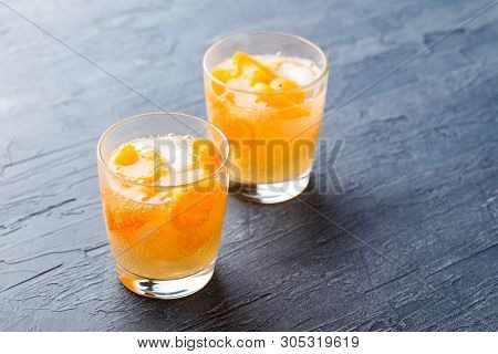 Summer Drinks, Rosemary Aprcot Cocktails With Ice In Glasses. Refreshing Summer Homemade Alcoholic O