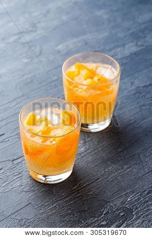 Summer Drinks, Rosemary Aprcot Cocktails With Ice In Glasses. Refreshing Summer Homemade Alcoholic O