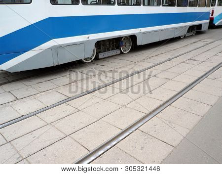 Tramway On Street  At Dry Sunny Summer Day