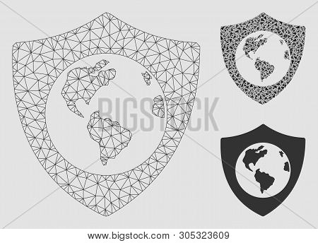 Mesh Earth Shield Model With Triangle Mosaic Icon. Wire Frame Polygonal Mesh Of Earth Shield. Vector