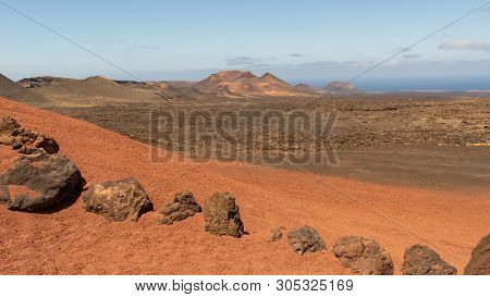 Line Of Rocks In Amazing Volcanic Landscape, Timanfaya National Park, Lanzarote, Canary Islands, Spa