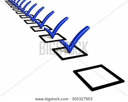 Checked Items. A Lot Of Blue Check Mark Symbols In Checkboxes And One Blank Checkbox On White Backgr