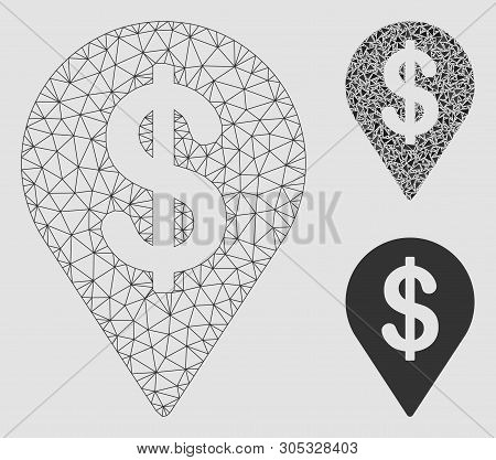 Mesh Dollar Map Pointer Model With Triangle Mosaic Icon. Wire Frame Triangular Mesh Of Dollar Map Po