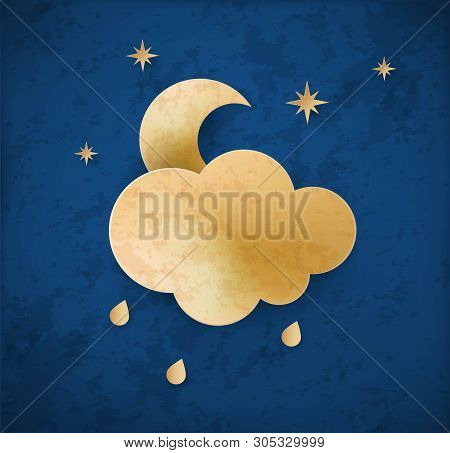 Vintage Weather Icon. Night Sky With Moon And Cloud.