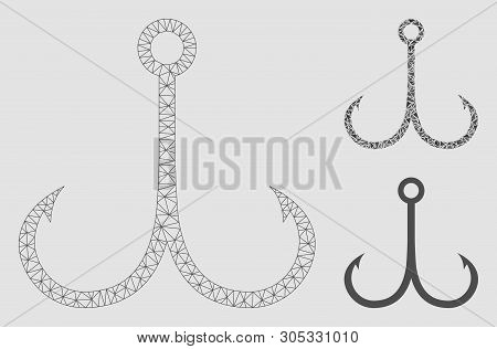 Mesh Double Fishing Hook Model With Triangle Mosaic Icon. Wire Frame Polygonal Mesh Of Double Fishin