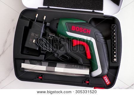 Tambov, Russian Federation - February 09, 2019 Bosch Cordless Screwdriver In Open Case With Bit Set,