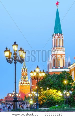 Manezhnaya square, Moscow, Russia - May, 20, 2019: Manezhnaya square in Moscow at sunset