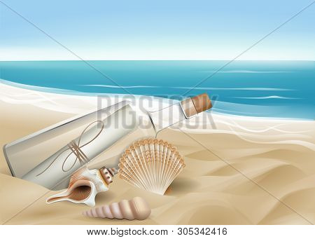 Summer Background With Three Seashells And A Bottle With A Message On The Beach