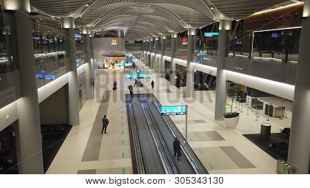Istanbul, Turkey - May 7, 2019: Aerial View Of The Straight Escalators For Transfer In Istanbul Inte