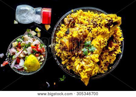 Popular Indian & Asian Kashmiri Dish I.e. Yakhni Or Akhni In A Glass Plate Along With Some Salad And
