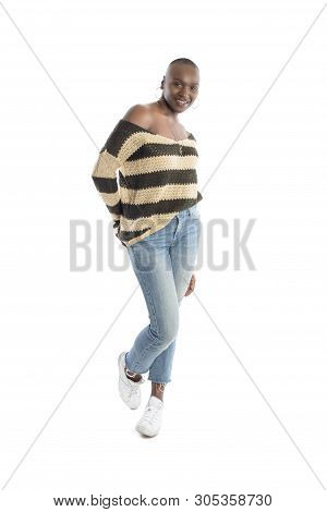 Black African American Female Fashion Model Wearing Spring Style Wool Knit Long Sleeve Shirt Or Swea