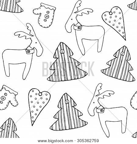 Happy New Year And Merry Christmas . Christmas Season Hand Drawn Seamless Pattern.
