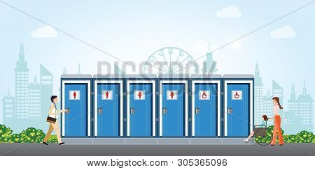 Bio Mobile Toilets In City With Mens And Womens Disabled Restroom Signage Set Vector Illustration.