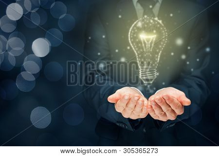 Creative Company Give You Their Creativity And Ideas. Hands And Graphics Light Bulb - Symbols Of Ide