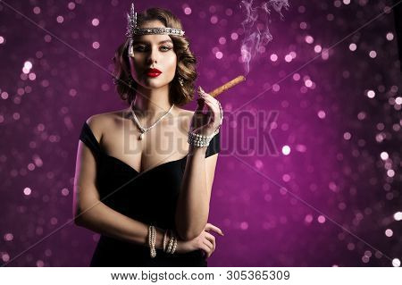 Retro Fashion Model Smoking Cigar, Woman Old Fashioned Beauty Hairstyle Makeup, Vintage Portrait Ove