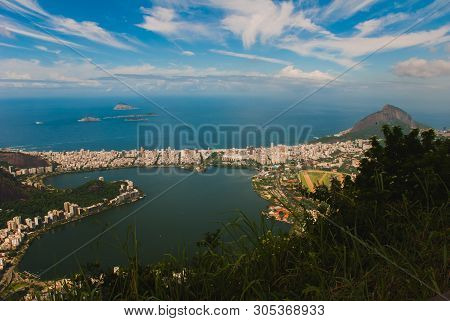 Rodrigo De Freitas Lagoon Seen From Christ The Redeemer Up In Corcovado Mountain, Rio De Janeiro, Br