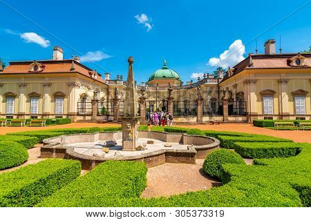 Buchlovice, Czech Republic - 2.6.2019: Tourists Are Walking Near Buchlovice Castle Chateau. Beautifu