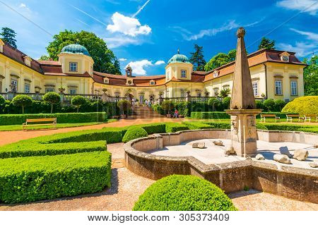 Buchlovice, Czech Republic - 2.6.2019: Tourists Are Walking Near Buchlovice Castle Chateau. Beautifu